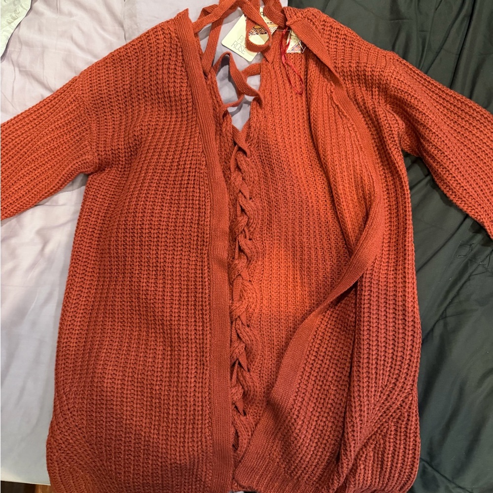 Pink Rose Open-Front Rust Orange Knit Cardigan with Crisscross Back